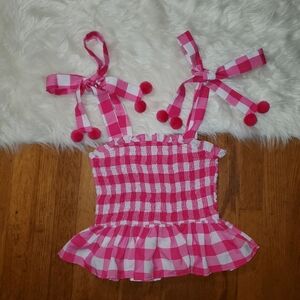 TCEC Smocked Pink and White Gingham Top With Pom Poms